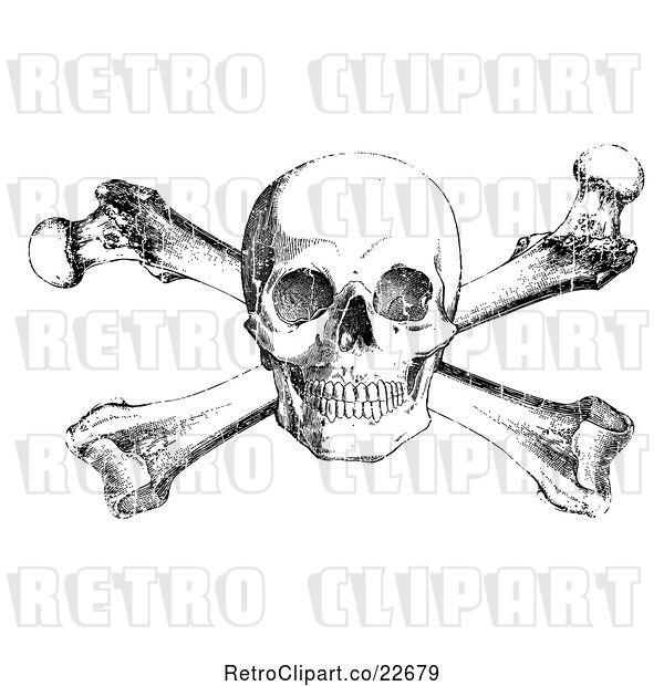 Vector Clip Art of Retro Black Skull and Crossbones with White Distress Overlay