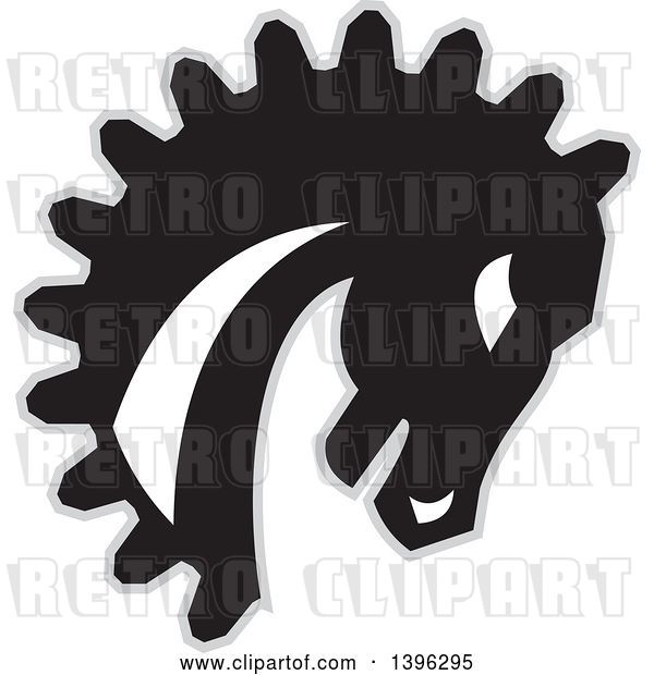 Vector Clip Art of Retro Black White and Gray Horse Head with a Gear Teeth Mane