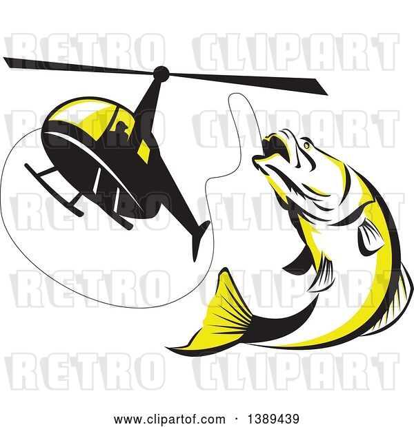 Vector Clip Art of Retro Black White and Yellow Barramundi Asian Sea Bass Fish Jumping and Swallowing a Fishing Line Attached to a Helicopter