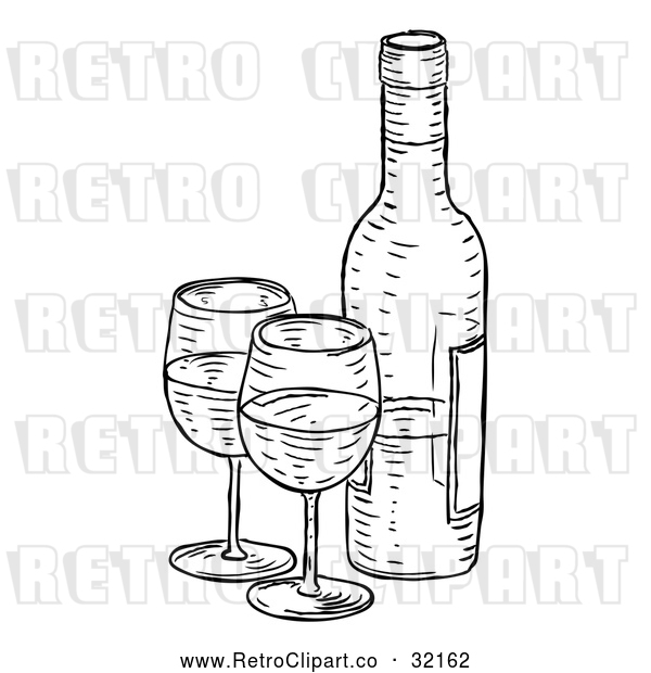 Vector Clip Art of Retro Black Wine Bottle and Glasses