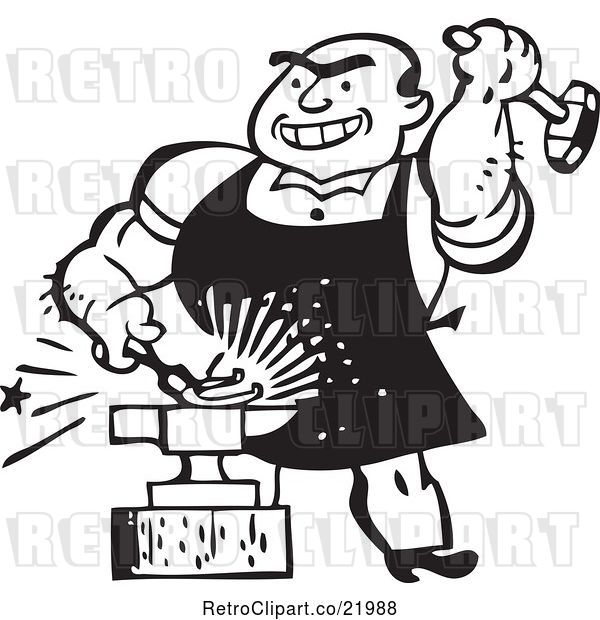 Vector Clip Art of Retro Blacksmith Hammering Iron Against an Anvil