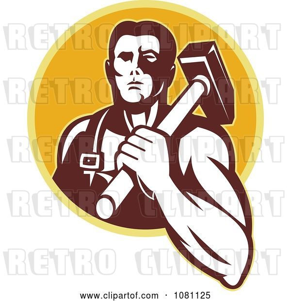 Vector Clip Art of Retro Blacksmith with a Hammer on His Shoulder over a Yellow Circle