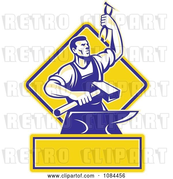 Vector Clip Art of Retro Blacksmith with Pliers and an Anvil with Copyspace