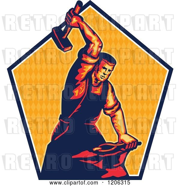 Vector Clip Art of Retro Blacksmith Worker Guy Striking an Anvil with a Sledgehammer over a Triangle Patterned Pentagon