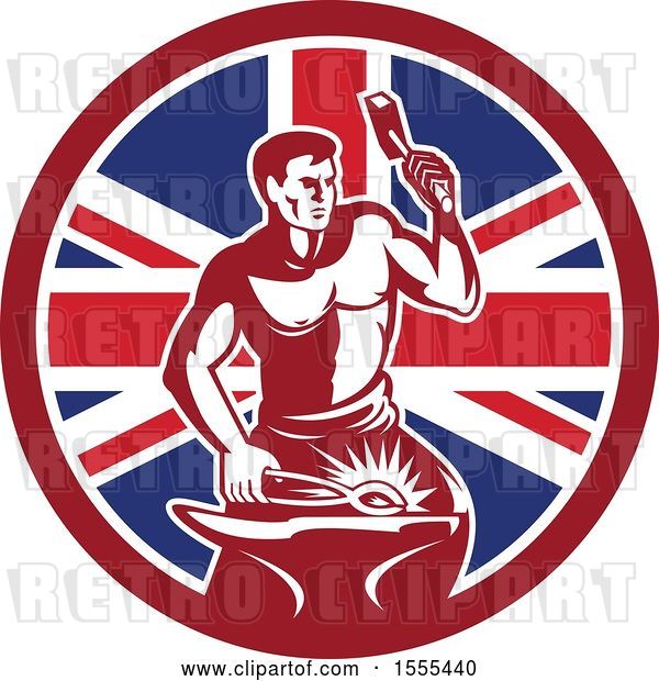 Vector Clip Art of Retro Blacksmith Worker Hammering in a Union Jack Flag Circle