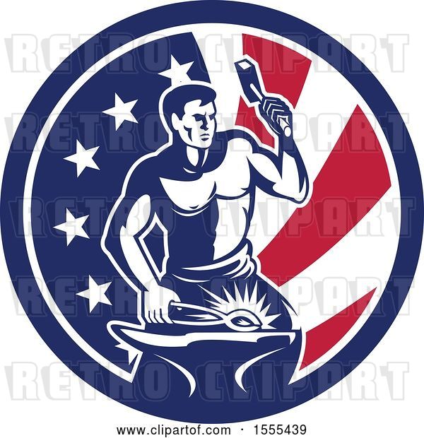 Vector Clip Art of Retro Blacksmith Worker Hammering in an American Flag Circle