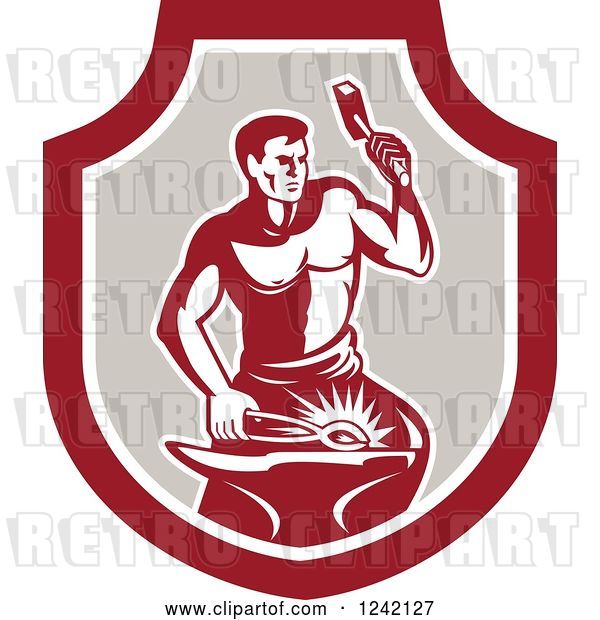 Vector Clip Art of Retro Blacksmith Working on an Anvil in a Shield