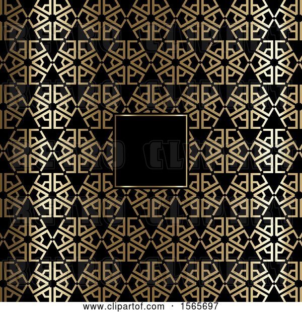 Vector Clip Art of Retro Blank Frame on a Gold and Black Art Deco Styled Pattern