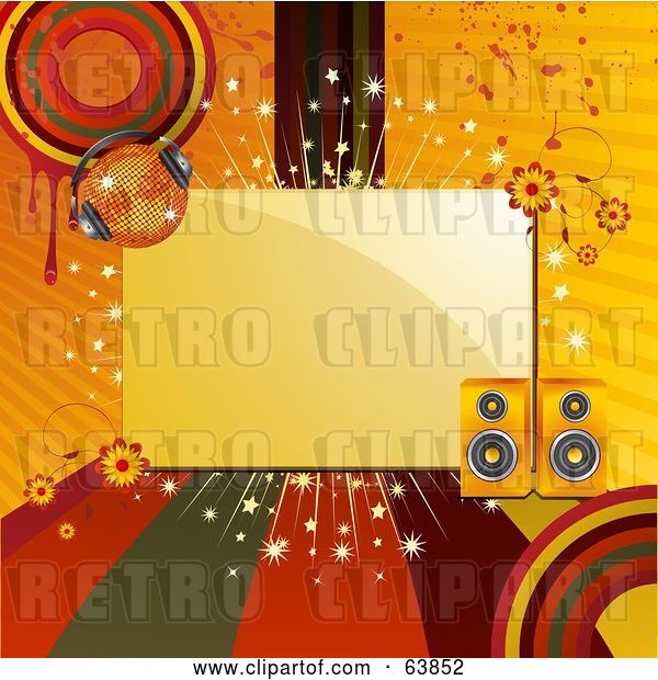 Vector Clip Art of Retro Blank Space Bordered with Colored Lines, Circles, Grunge, Flowers, Speakers and a Disco Ball