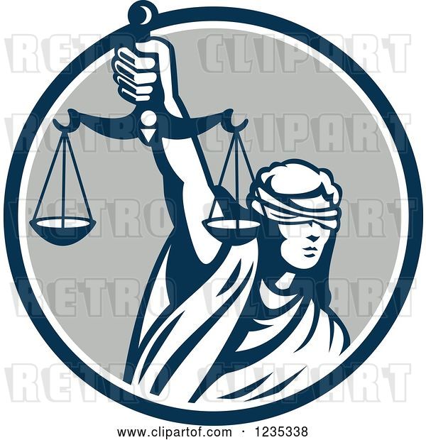Vector Clip Art of Retro Blindfolded Lady Justice Holding Scales in a Blue and Gray Circle