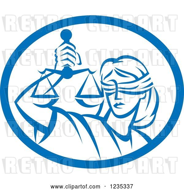 Vector Clip Art of Retro Blindfolded Lady Justice Holding Scales in a Blue and White Oval