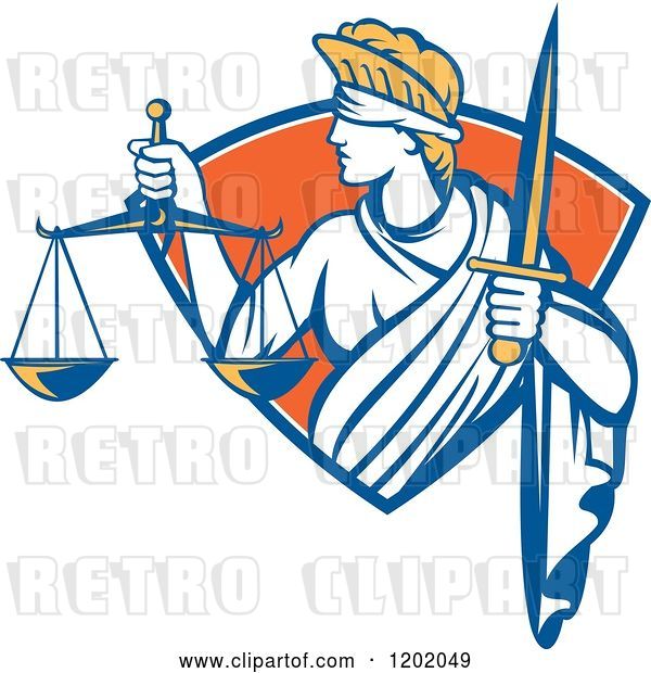 Vector Clip Art of Retro Blindfolded Lady Justice with a Sword and Scale in a Crest Shield