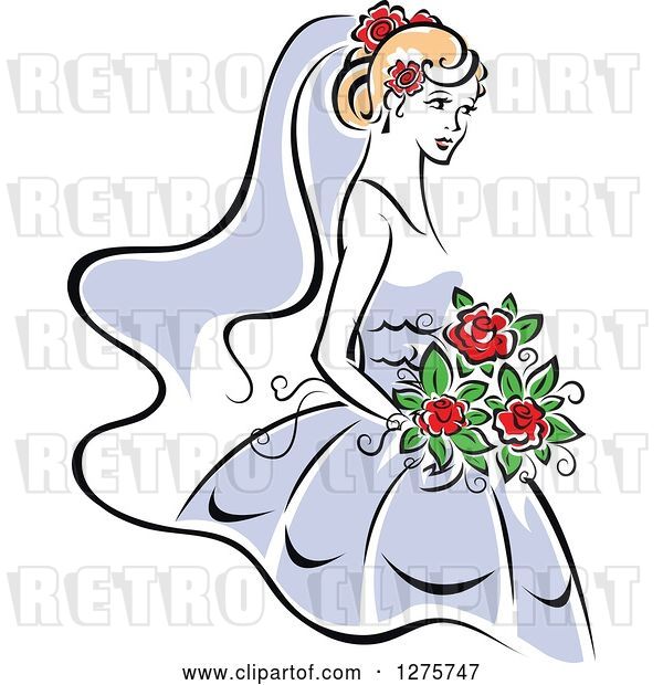 Vector Clip Art of Retro Blond Bride in a Periwinkle Dress, with Red Flowers