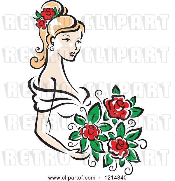 Vector Clip Art of Retro Blond Bride with Red Roses
