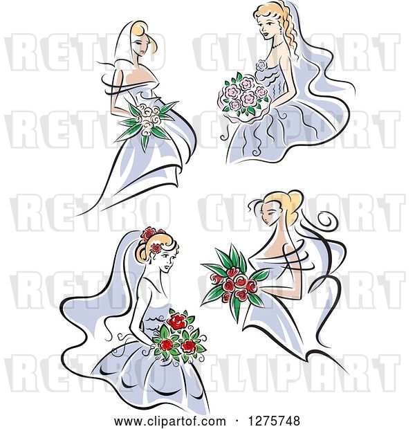 Vector Clip Art of Retro Blond Brides in Periwinkle Dresses