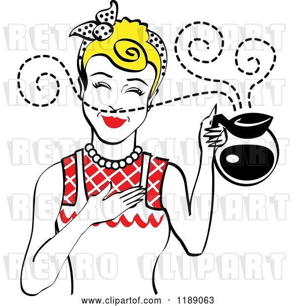 Vector Clip Art of Retro Blond Haired Waitress or Housewife Smelling the Aroma of Fresh Hot Coffee in a Pot