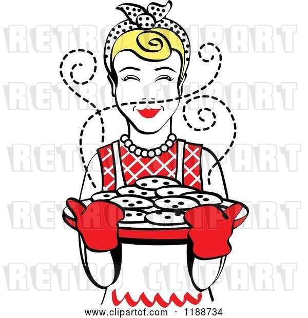 Vector Clip Art of Retro Blond Housewife Holding Freshly Baked Cookies