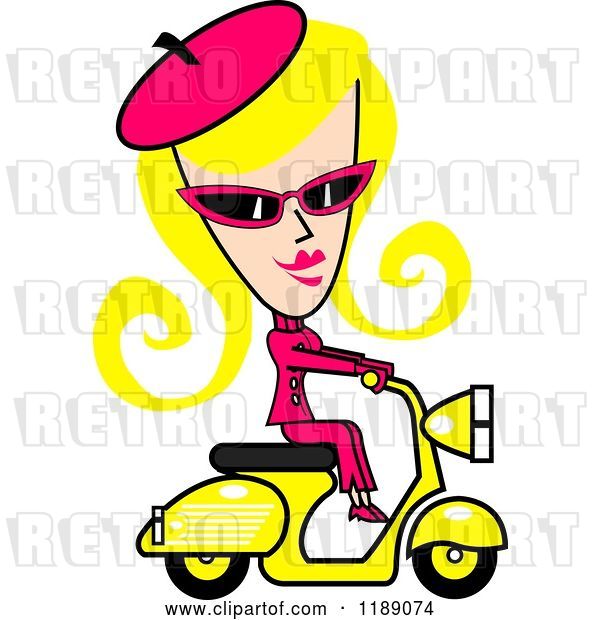 Vector Clip Art of Retro Blond Lady Dressed in Pink, Riding a Yellow Scooter