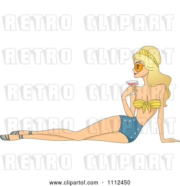 Vector Clip Art of Retro Blond Lady in a Swimsuit and Holding a Cocktail