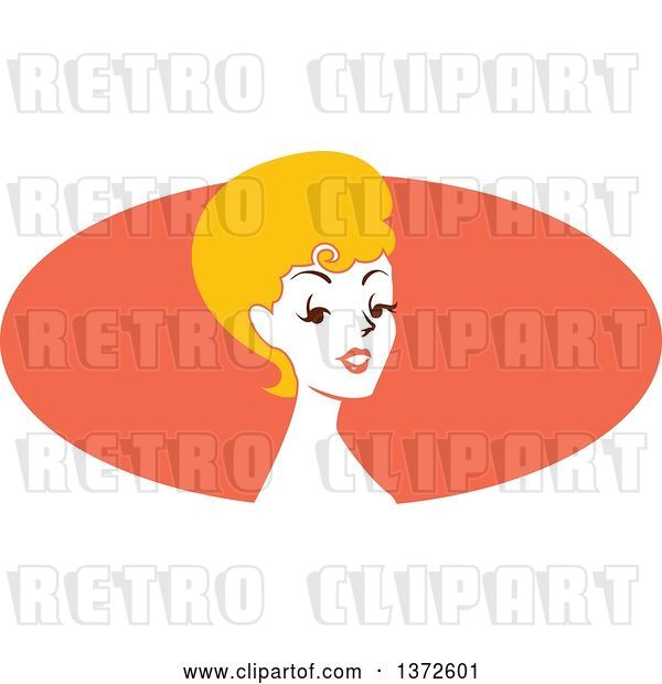 Vector Clip Art of Retro Blond Pinup Lady from the Shoulders up over an Orange Oval