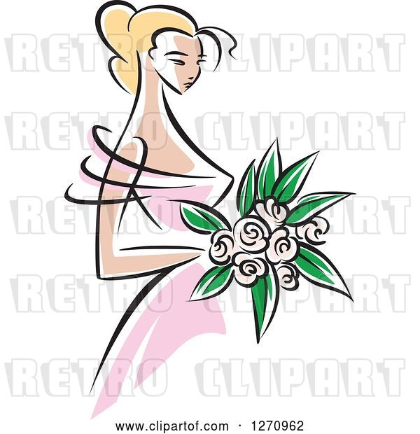 Vector Clip Art of Retro Blond White Bride or Bridesmaid in a Pink Dress