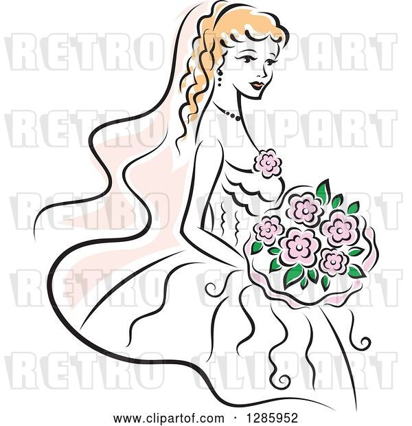 Vector Clip Art of Retro Blond White Bride with a Bouquet of Pink Flowers