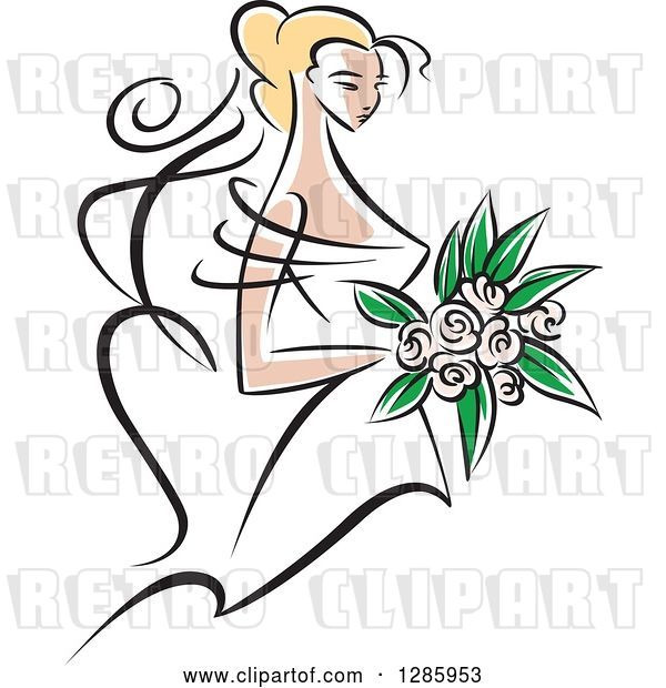 Vector Clip Art of Retro Blond White Bride with a Bouquet of Pink Flowers