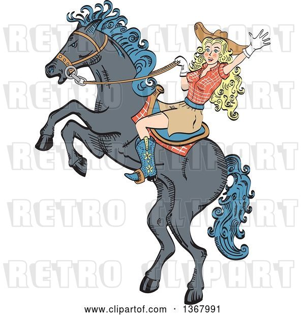Vector Clip Art of Retro Blond White Cowgirl Waving and Riding a Rearing Horse