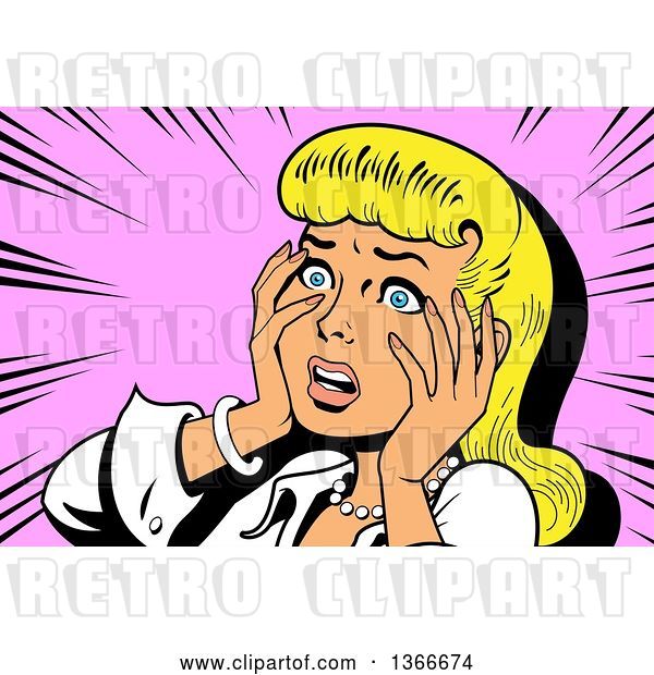 Vector Clip Art of Retro Blond White Dramatic Lady Touching Her Face and Looking Shocked, over Pink