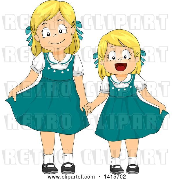 Vector Clip Art of Retro Blond White Girl and Little Sister in Matching Dresses