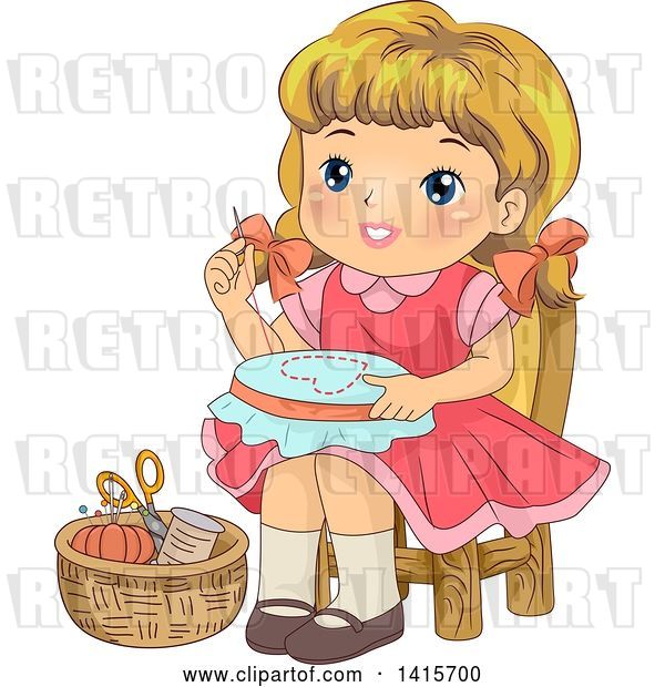 Vector Clip Art of Retro Blond White Girl Working on an Embroidery Frame