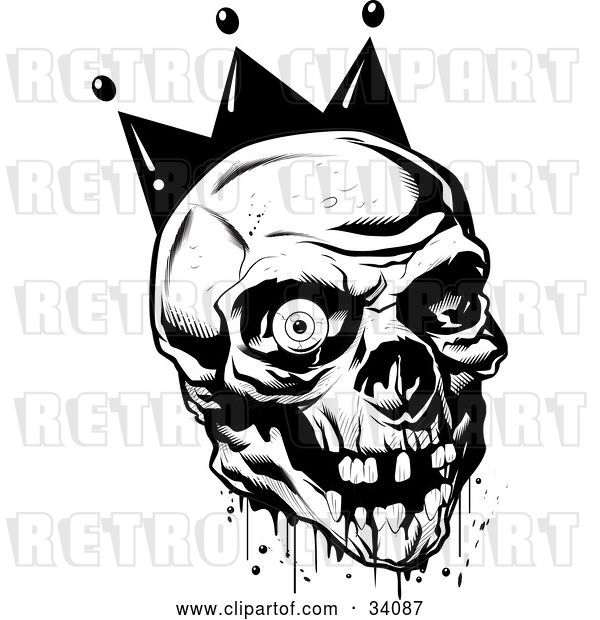 Vector Clip Art of Retro Bloody Joker Skull with Missing Teeth and One Eyeball