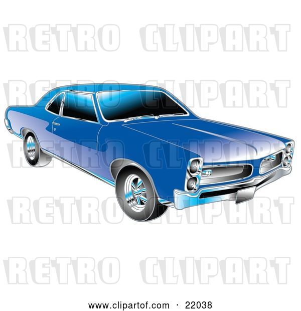 Vector Clip Art of Retro Blue 1966 Pontiac GTO Muscle Car with Crhome Detailing on the Front End and Around the Windows