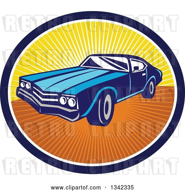 Vector Clip Art of Retro Blue American Muscle Car in a Navy Blue, White and Sunset Ray Oval