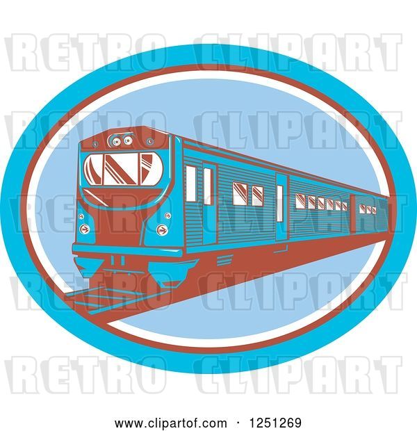 Vector Clip Art of Retro Blue and Brown Train in an Oval