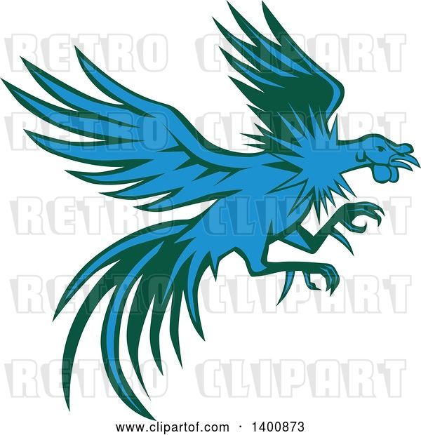 Vector Clip Art of Retro Blue and Green Flying and Fighting Rooster