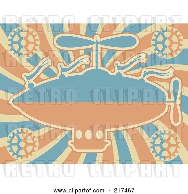 Vector Clip Art of Retro Blue and Orange Airship with Gears on Swirls