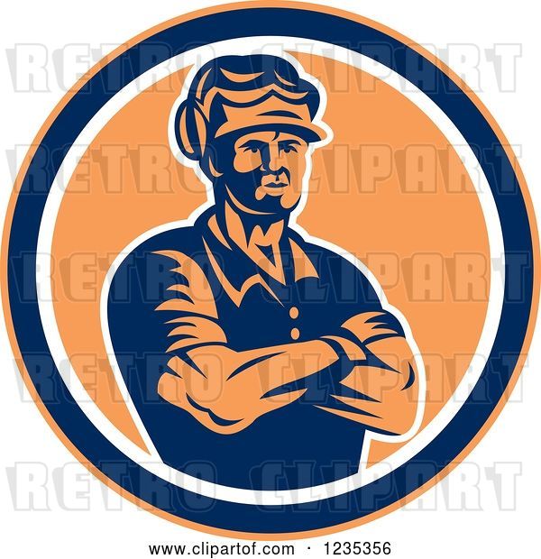 Vector Clip Art of Retro Blue and Orange Carpenter Guy in a Circle