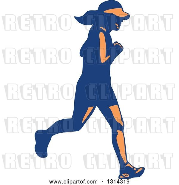 Vector Clip Art of Retro Blue and Orange Female Marathon Runner