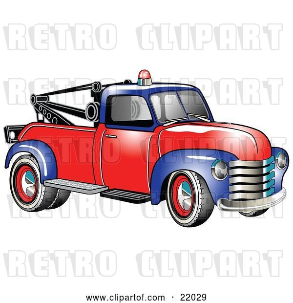 Vector Clip Art of Retro Blue and Red 1953 Chevy Tow Truck with a Light on Top of the Roof