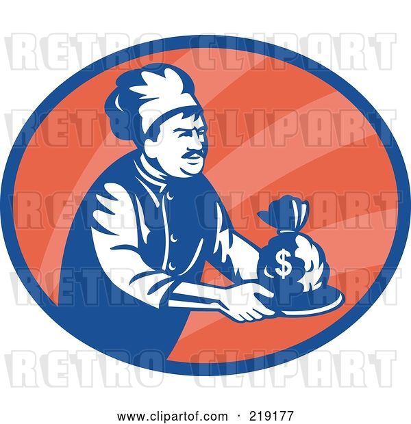 Vector Clip Art of Retro Blue and Red Chef Serving Money Logo