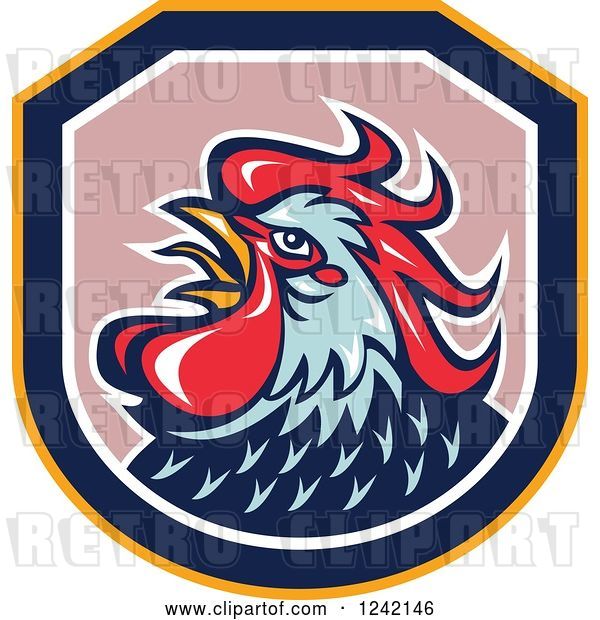 Vector Clip Art of Retro Blue and Red Rooster in a Shield