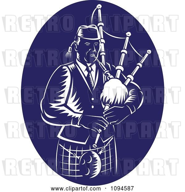 Vector Clip Art of Retro Blue and White Bagpipe Player