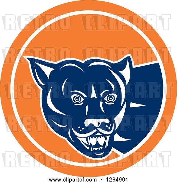 Vector Clip Art of Retro Blue and White Cougar in an Orange and White Circle
