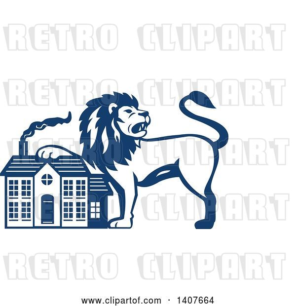 Vector Clip Art of Retro Blue and White Male Lion Resting a Paw on a House