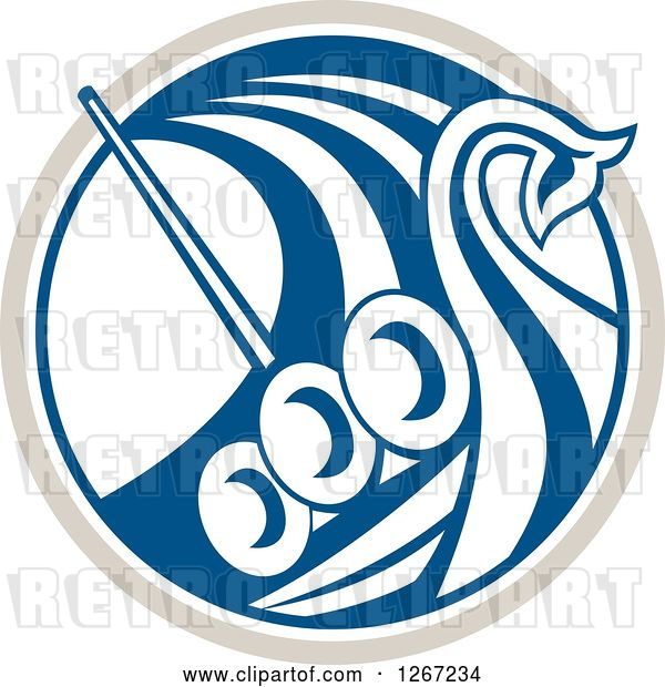 Vector Clip Art of Retro Blue and White Viking Ship in a Taupe and White Circle