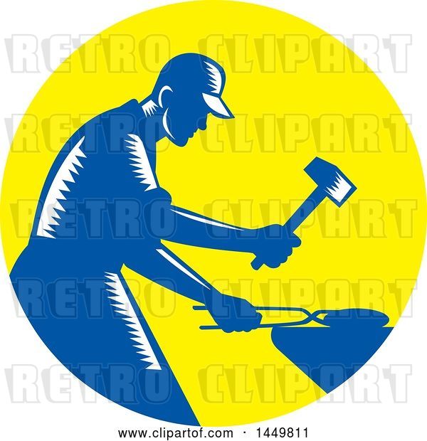 Vector Clip Art of Retro Blue and White Woodcut Blacksmith Worker Forging Iron in a Yellow Circle
