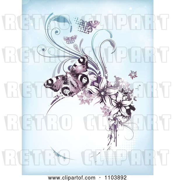 Vector Clip Art of Retro Blue Background with Purple Butterflies Vines and a Grungy Circle Frame on Halftone
