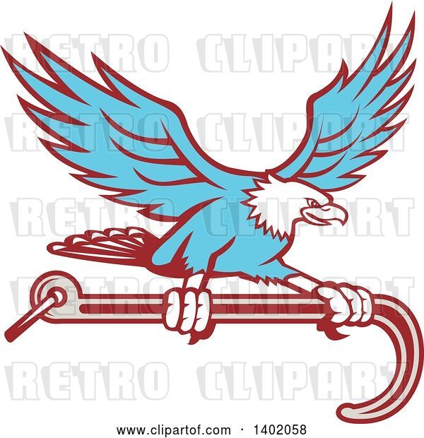 Vector Clip Art of Retro Blue Bald Eagle Flying with a Towing J Hook