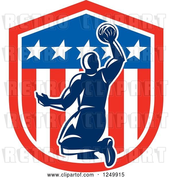 Vector Clip Art of Retro Blue Basketball Player Dunking over an American Shield